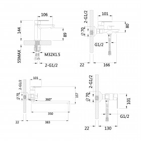 Комплект змішувачів для ванної кімнати Lidz Latwa 001Black+Lidz Latwa 006Black+Lidz Latwa 005Black+Lidz Latwa 010Black